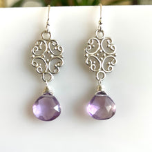 Load image into Gallery viewer, Pink Amethyst Scroll Dangle Earrings - Light Lavender Color