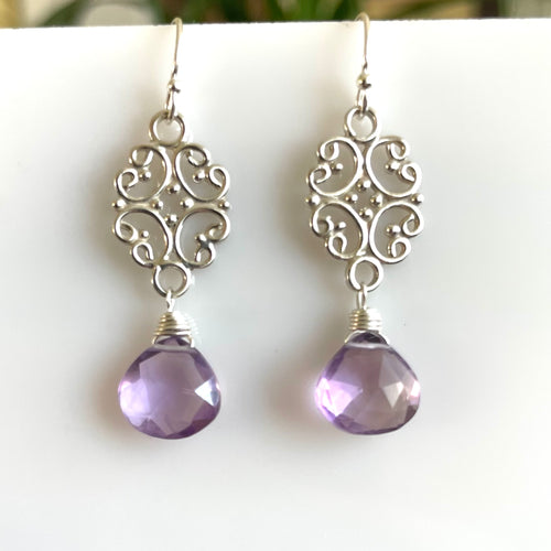 Pink Amethyst Scroll Dangle Earrings - Light Lavender Color