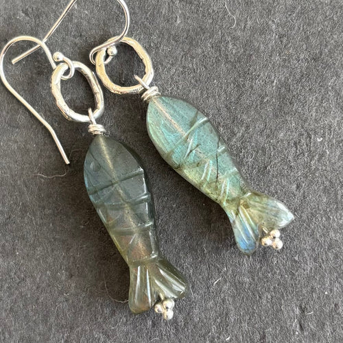 Reserved Carved Labradorite Fish earrings