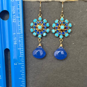 Turquoise Crystal and Sapphire Chalcedony Floral Dangle Earrings