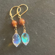 Load image into Gallery viewer, Murano Glass and Fire Rainbow Moonstone Dewdrop Dangles, metal choices