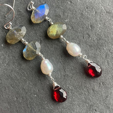 Load image into Gallery viewer, Shimmery Season Labradorite, Pearl and Garnet Dangles, OOAK