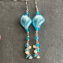 Load image into Gallery viewer, Blue Swirl Murano Glass and Opal Dangle Earrings