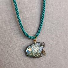 Load image into Gallery viewer, Go Fish! Labradorite and Cubic Zirconia Carved Fish Necklace, Teal Cord