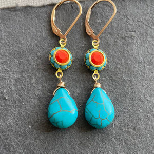 Turquoise and Coral Vintage Dangles