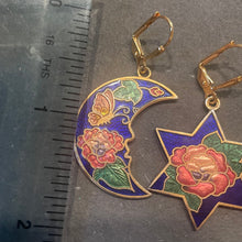 Load image into Gallery viewer, Vintage Cloisonné Estate Moon and Star Earrings, OOAK