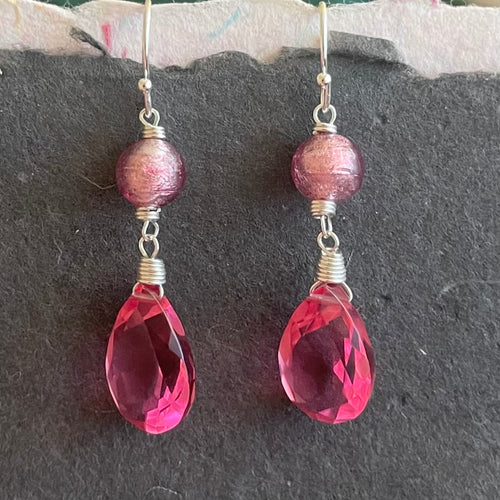 Murano Glass and Tourmaline Pink Sparkly Quartz Dangle Earrings