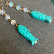 Load image into Gallery viewer, Carved Turquoise and Opal Fish earrings