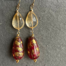 Load image into Gallery viewer, Citrine and Crimson oh la la Teardrop Murano Glass Dangle Earrings