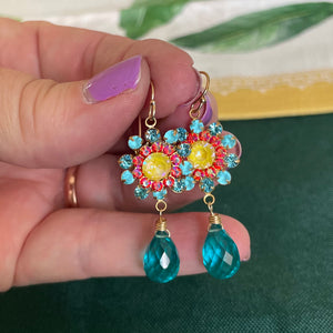 Aquamarine Opal, Yellow and Coral Pink Floral Dangle Earrings