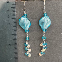 Load image into Gallery viewer, Blue Swirl Murano Glass and Opal Dangle Earrings
