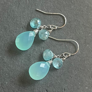 Blue Zircon and Chalcedony Dangle Earrings, OOAK