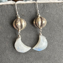 Load image into Gallery viewer, Moonstone Crescent Moon and Hill Tribe Sterling Flower dangles, OOAK