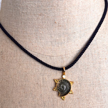 Load image into Gallery viewer, Labradorite carved Ammonite Necklace, Bubble Bezel, Navy Cord