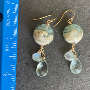 Lampwork Surf Glass, Moonstone, and Natural Aquamarine Earrings, OOAK 2