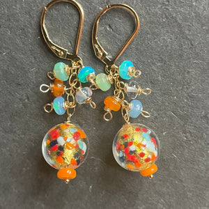 Klimt-ish Murano Glass and Opal Dangle Earrings