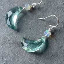 Load image into Gallery viewer, Aqua Blue Quartz and Opal Crescent Moon Earrings, metal and earwire options