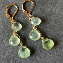 Load image into Gallery viewer, Prehnite trio cascade gold earrings, leverback, OOAK