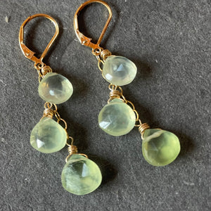 Prehnite trio cascade gold earrings, leverback, OOAK