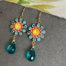 Load image into Gallery viewer, Aquamarine Opal, Yellow and Coral Pink Floral Dangle Earrings