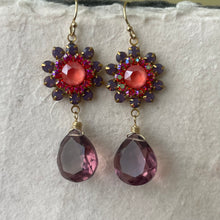 Load image into Gallery viewer, Lavender Opal, Coral Pink and Plummy Quartz Floral Teardrop Earrings