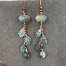 Load image into Gallery viewer, Labradorite and Moss Aquamarine Cascade Earrings, 14k Rose Gold Filled, OOAK