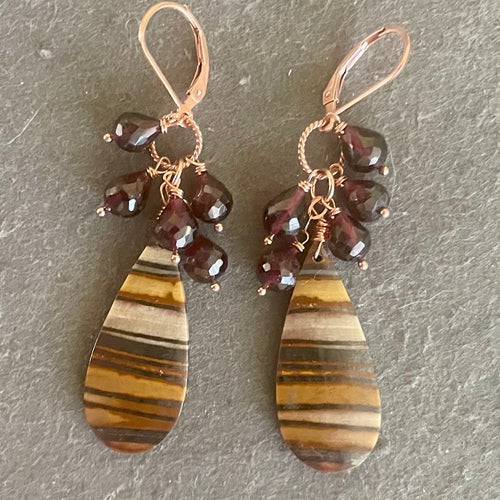 Tiger Jasper and Rhodolite Garnet Earrings, OOAK, Rose Gold