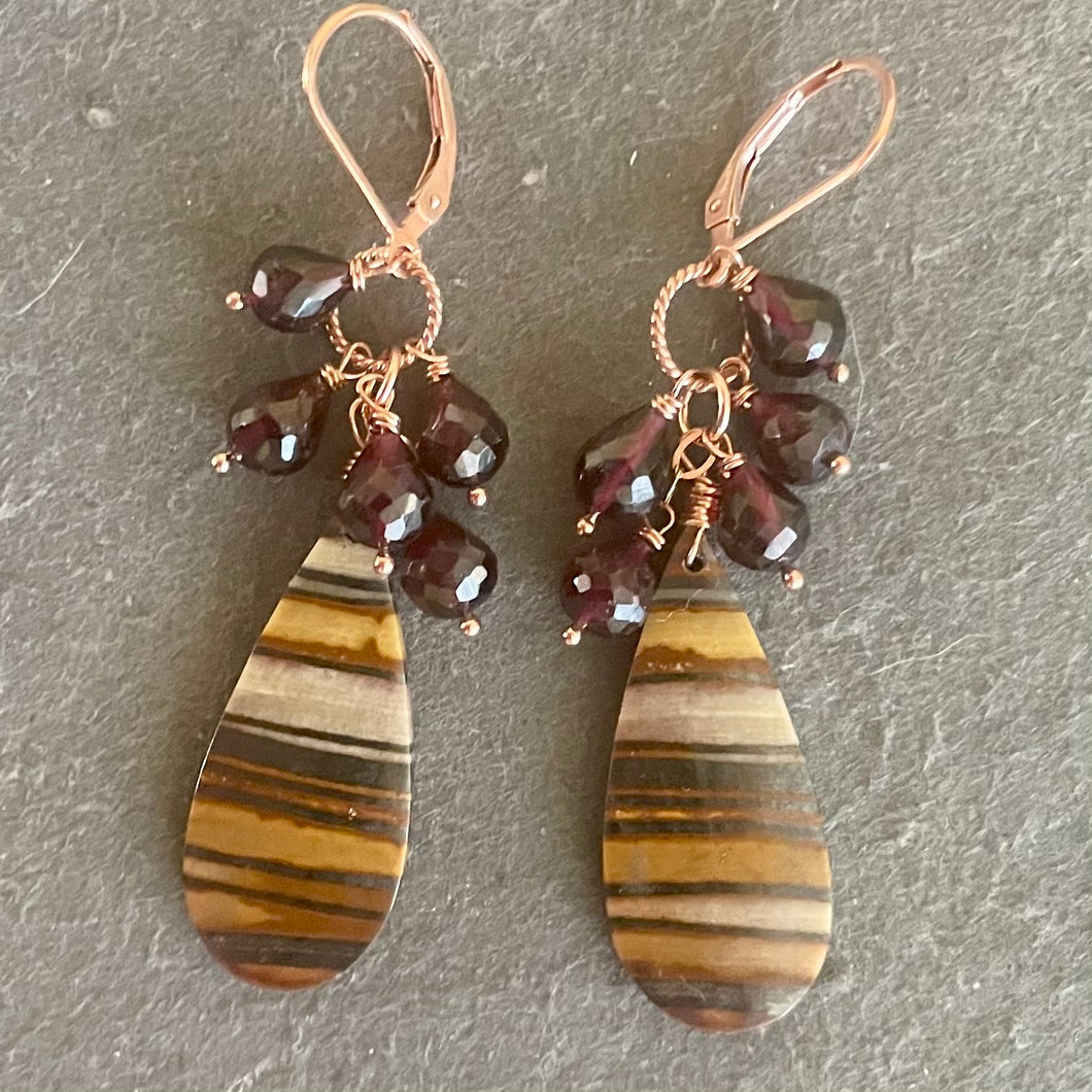 Tiger Jasper and Rhodolite Garnet Earrings, OOAK, Rose Gold