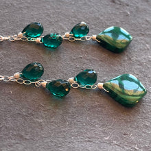 Load image into Gallery viewer, Emerald Green Malachite and Quartz Trio Cascade Earrings, OOAK