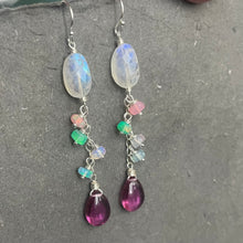 Load image into Gallery viewer, Rainbow Moonstone and a Pink to Emerald Green and Opal Dangle Earrings, OOAK