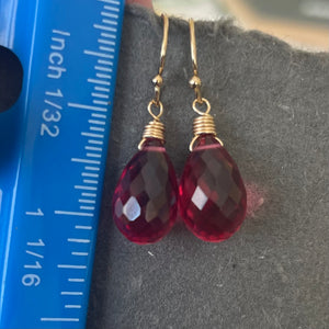 Ruby Red-Pink 13mm Teardrop Dangle Earrings