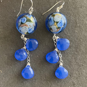 Tanzanite Blue Sweet Roses Murano Glass, Chalcedony Dangle Earrings