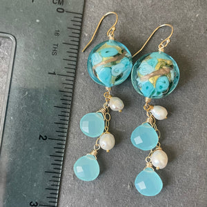 Blue Sweet Roses Murano Glass, Chalcedony and Pearl Dangle Earrings