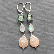 Load image into Gallery viewer, Murano Glass, Moonstone and Pearl Dangle Earrings, OOAK