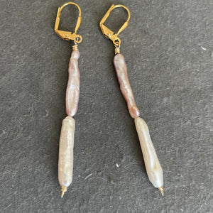 Japanese 2 Color Biwa Freshwater Pearl Dangle Earrings, OOAK