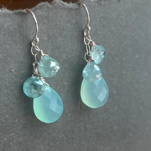 Blue Zircon and Chalcedony Dangle Earrings, OOAK