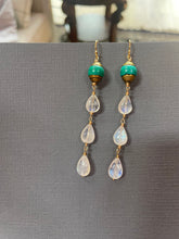 Load image into Gallery viewer, Artisan Turquoise and Rainbow Moonstone Dangle Earrings, OOAK