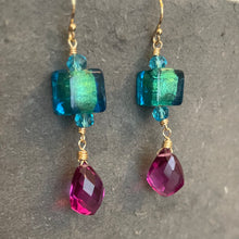 Load image into Gallery viewer, Vivid Teal and Magenta Golden Murano Glass Dangle Earrings
