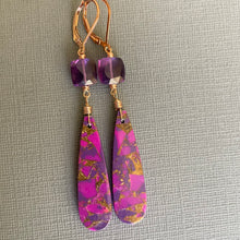 Load image into Gallery viewer, Purple Turquoise and Cushion Cut Quartz earrings, OOAK