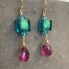 Load image into Gallery viewer, Vivid Teal and Magenta Golden Murano Glass Dangle Earrings