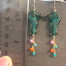 Load image into Gallery viewer, Seahorse Czech Glass and Opal Earrings, OOAK