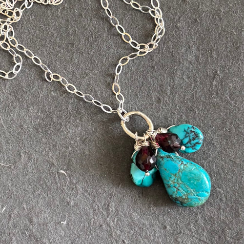 Natural Turquoise and Rhodolite Garnet Cluster Necklace, OOAK