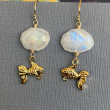 Load image into Gallery viewer, Goldfish and Rainbow Moonstone Earrings, OOAK