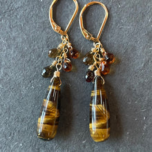 Load image into Gallery viewer, Tiger’s Eye and Sapphire Drop Earrings, OOAK