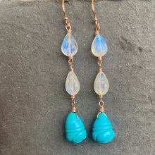 Load image into Gallery viewer, Carved Turquoise Hive and Moonstone Earrings, Rose Gold, OOAK