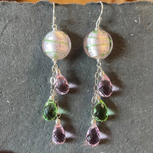 Icy Pink and Green Murano Glass and Quartz Dangle Earrings