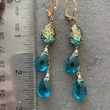 Load image into Gallery viewer, Teal Blue Pear and Gold Patina Antiqued Cascade Earrings