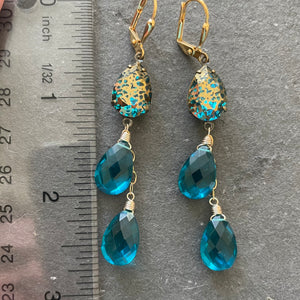 Teal Blue Pear and Gold Patina Antiqued Cascade Earrings