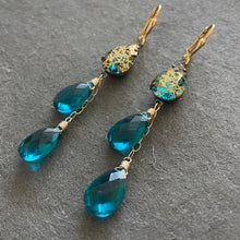 Load image into Gallery viewer, Teal Blue Pear and Gold Patina Antiqued Cascade Earrings