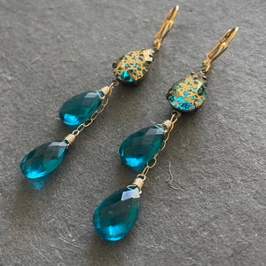 Teal Blue Pear and Gold Patina Antiqued Cascade Earrings